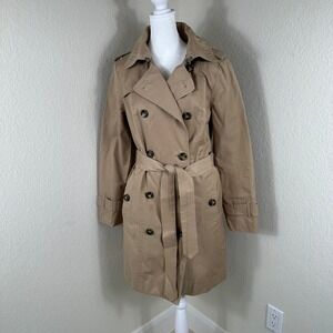 London Fog Trench Coat Women Medium Beige Double Breasted Belted Academia